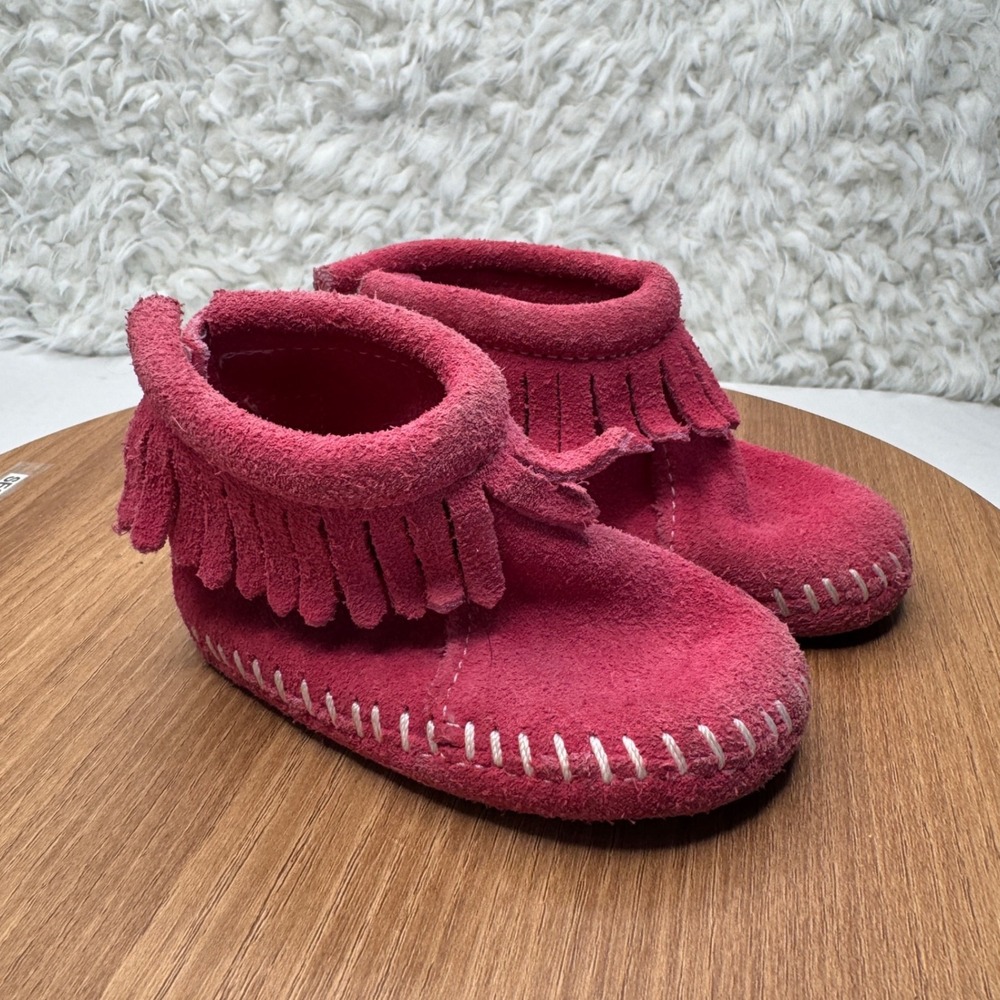 Minnetonka Pink Suede Fringe Moccasins Booties Shoes Baby‎ Girl Toddler Size 3
